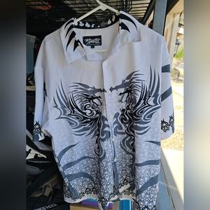 Vintage Dragonfly Clothing Company Dragons Shirt White Grey Black Tribal Men's L
